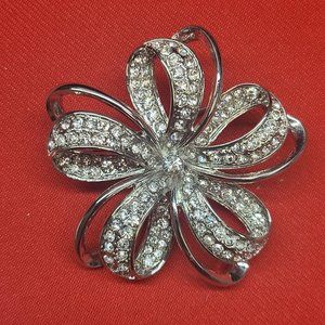Monet  Silver Tone Clear Rhinestone Bow Flower Brooch Looped Ribbon Pin